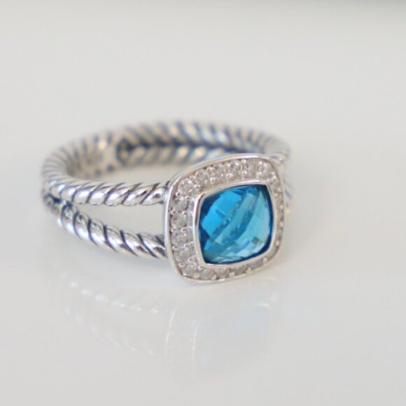 David Yurman Sterling Silver 7mm Albion Ring Blue Topaz with Diamonds size 7.5 - Picture 2 of 7